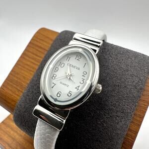 Geneva Quartz White Cuff Bracelet Watch Silver Tone Oval Case